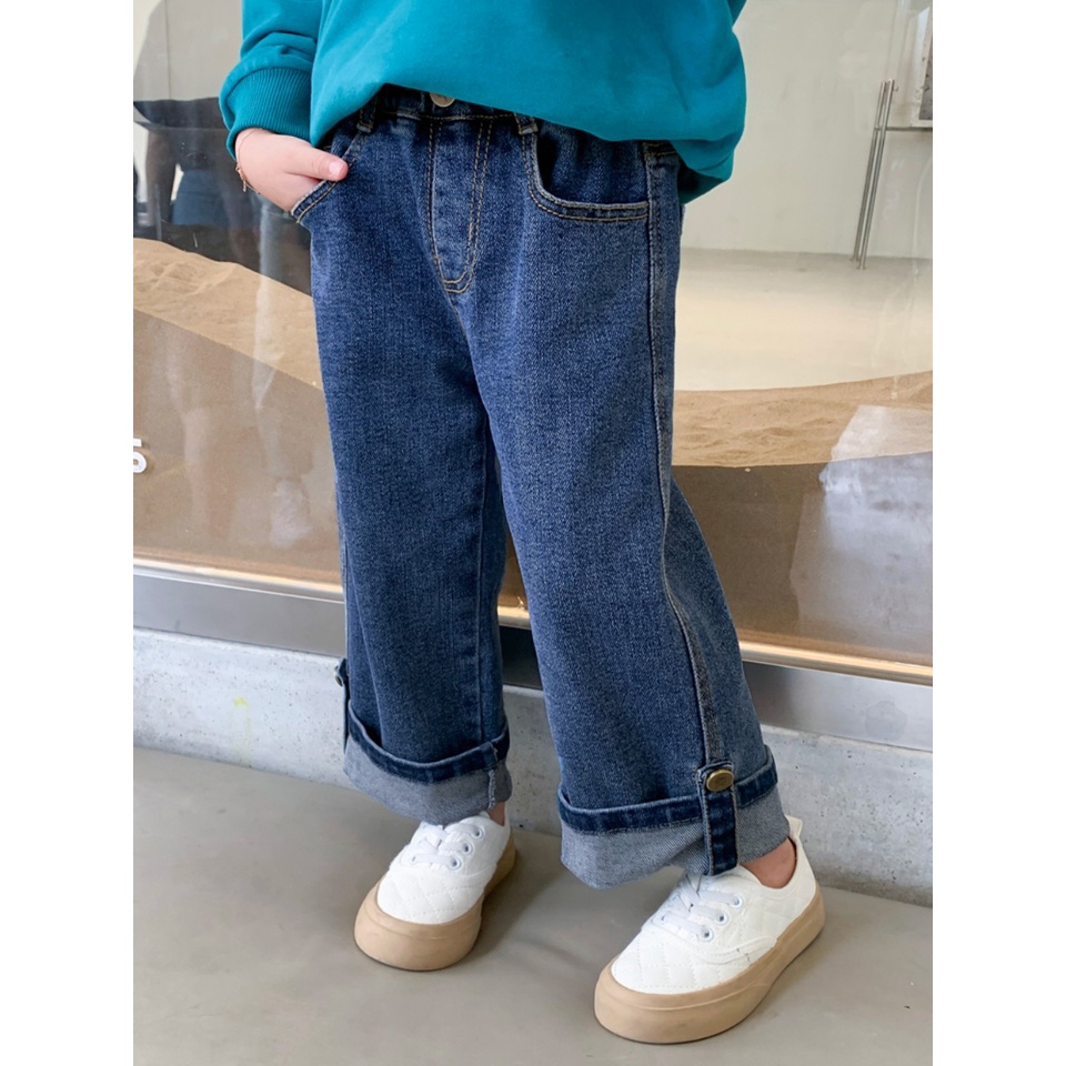 Quần jean ống rộng cho bé gái, quần bò ống xuông gập gấu BKF cá tính cho bé 9-27kg