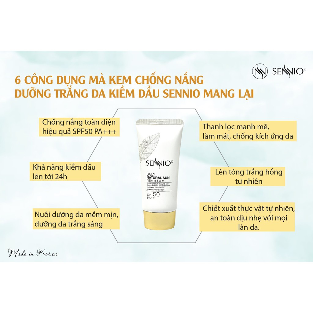 Kem Chống Nắng Dưỡng Trắng Da Kiềm Dầu SENNIO Daily Natural Sun SPF50 PA+++