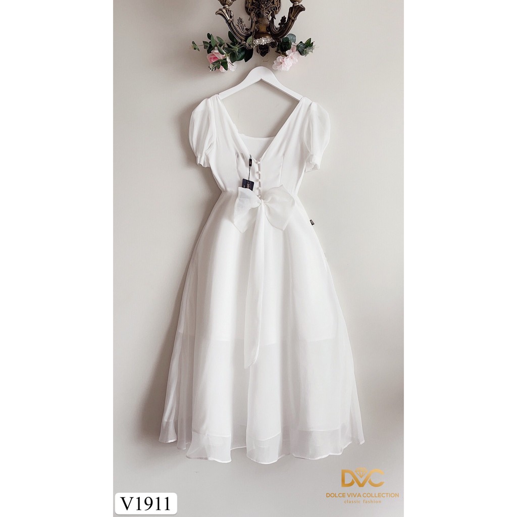 Váy trắng xòe lưng thắt nơ V1911 - Đẹp Shop DVC (Kèm ảnh thật trải sàn do shop tự chụp) | BigBuy360 - bigbuy360.vn