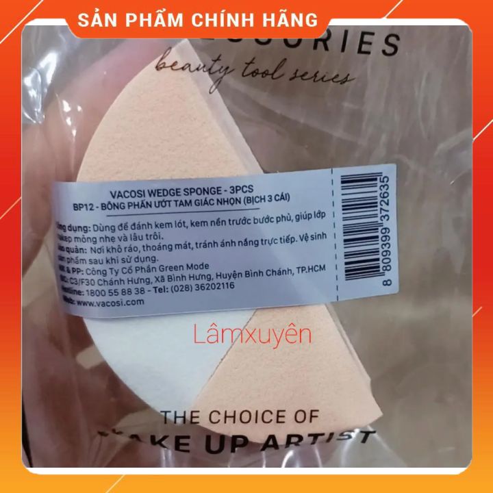 VACOSI WEDGE SPONGE 3PCS BP12 _Bông ướt tam giác nhọn (bịch 3 cái)  bông phấn mềm mịn, dễ tán ,siêu tiện lợi