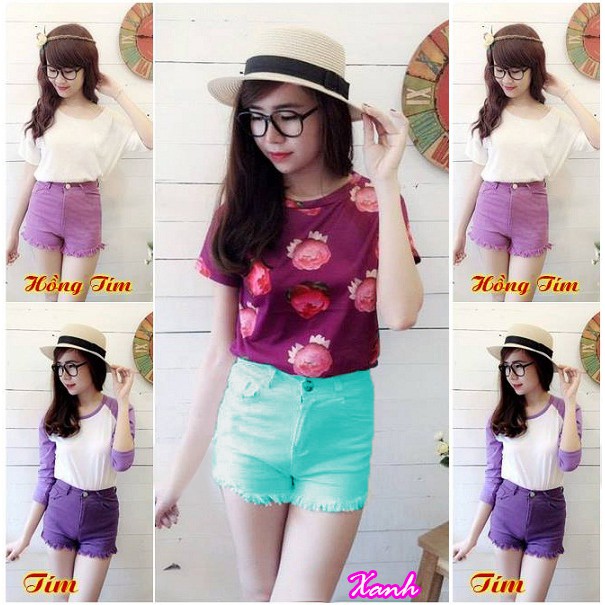 Quần short jean lưng cao 1 nút rách tua nhìều màu
