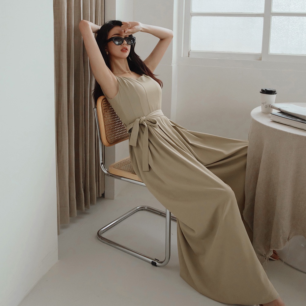 Jumpsuit sát nách quần ống rộng (kem belt) nữ Air Space Lady 2211828004