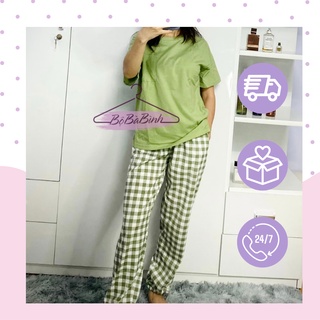 Set bộ thun coton quần caro hot trend màu kem bơ