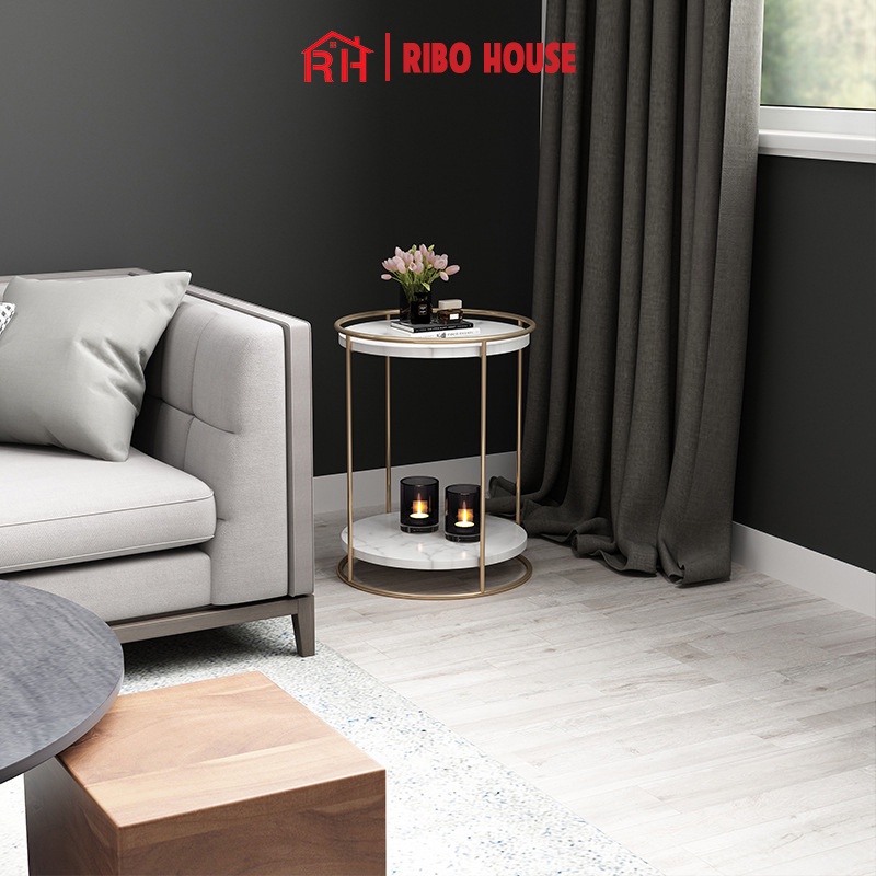 Bàn trà tròn sofa RIBO HOUSE mặt đá 2 tầng, bàn decor phòng khách ban công tiệm nails spa salong tóc mẫu 8 RIBO185