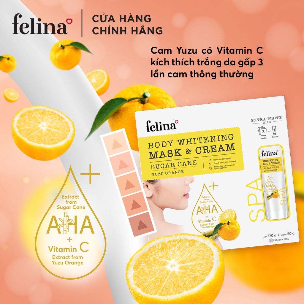 Combo mặt nạ ủ trắng da toàn thân AHA từ đường mía Felina 120g và kem ủ trắng da toàn thân Felina 50g tinh chất Cam Yuzu | BigBuy360 - bigbuy360.vn