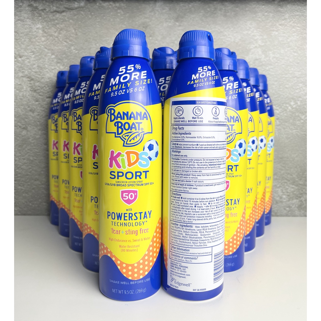 Xịt chống nắng Banana Kids Sport SPF 50+ cho trẻ em chai lớn 269g mới nhất date xa 03/2025