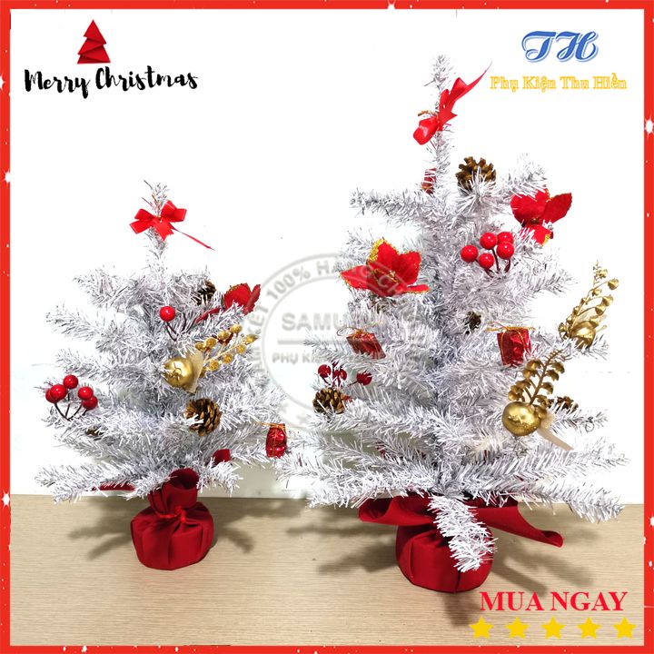 Cây thông noel mini để bàn 51cm màu trắng bạc đế nhựa bọc vải đỏ trang trí giáng sinh cho phòng khách, phòng ngủ