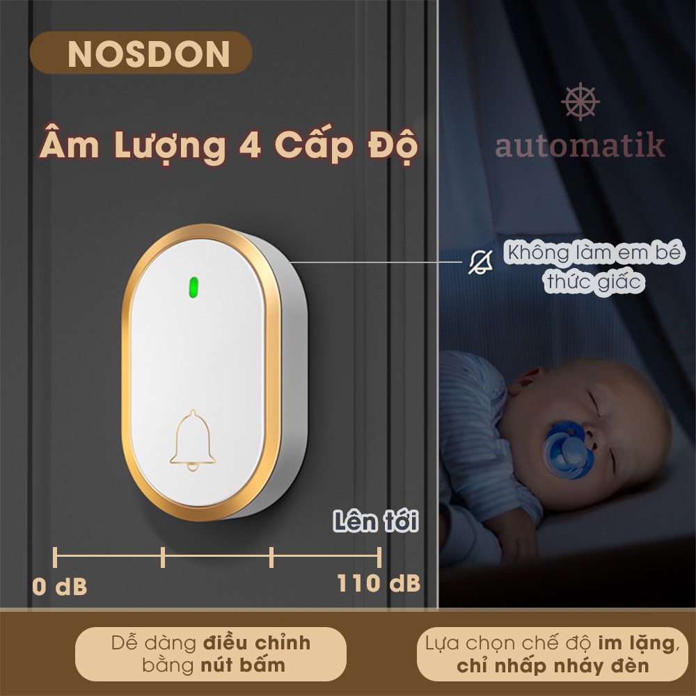 Chuông cửa không dây thông minh NOSDON A68, chống nước khoảng cách sử dụng trong 200M, 36 loại nhạc chuông, 110 DB