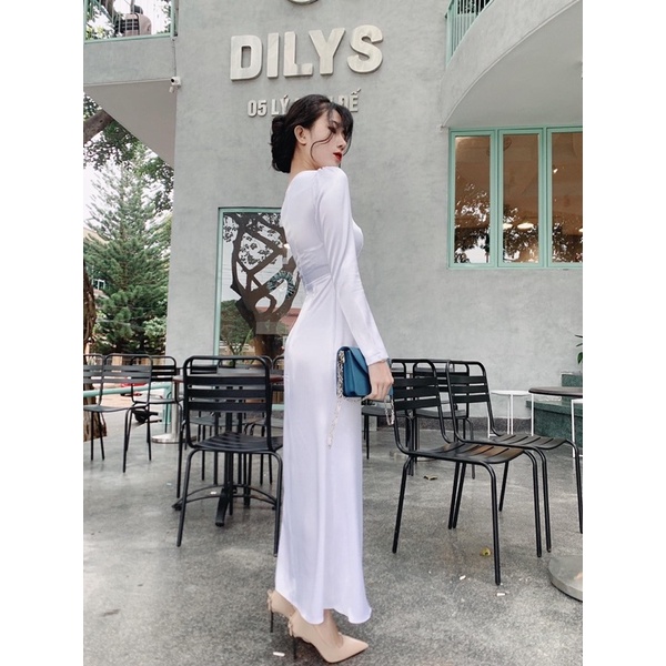 Đầm dáng dài chất lụa mặc dự tiệc cưới siêu sang, Váy cổ vuông maxi