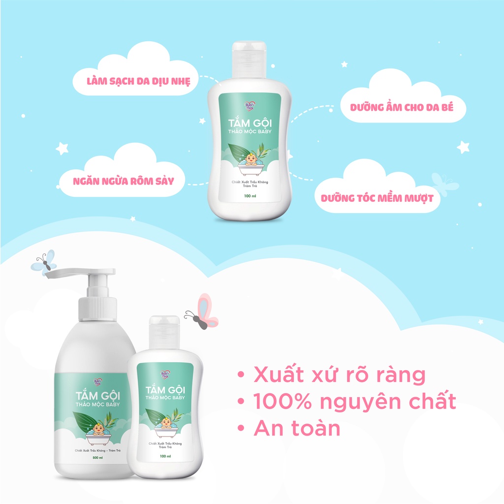 Sữa tắm gội cho bé BuB&amp;MuM chiết xuất Trầu Không - Tràm Trà 100ml làm sạch, nhẹ dịu, an toàn cho da bé