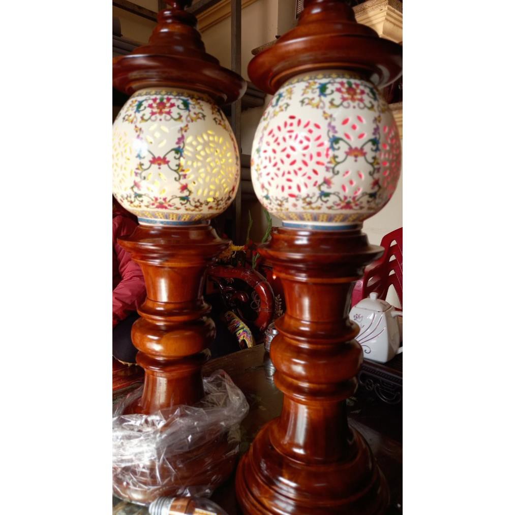 ĐÈN THỜ  GỖ GỤ - GỐM SỨ CAO  CẤP   CAO 63 CM