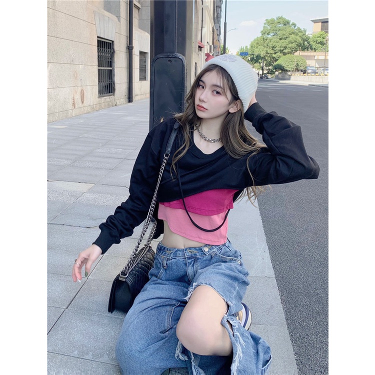 IELGY Áo Sweater Có Mũ Trùm + Áo Sát Nách Giả Nhiều Lớp Kiểu Retro Hàn Quốc Thời Trang Xuân Thu Cho Bạn Gái