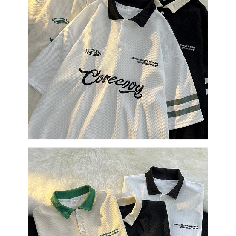 Áo thun polo tay lỡ unisex chất cotton cá sấu mềm mát, thêu chữ CORECURY