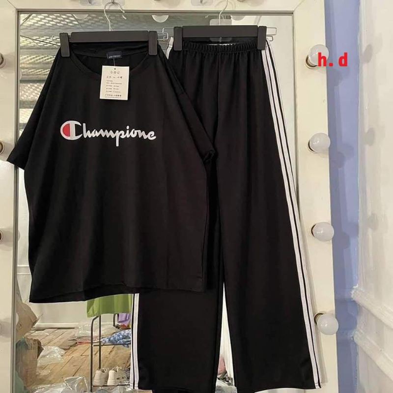 áo thun, phông hè ngắn tay champion chất cotton + quần ống rộng ba sọc, sét đồ bộ thể thao nam nữ rộng unisex freesize