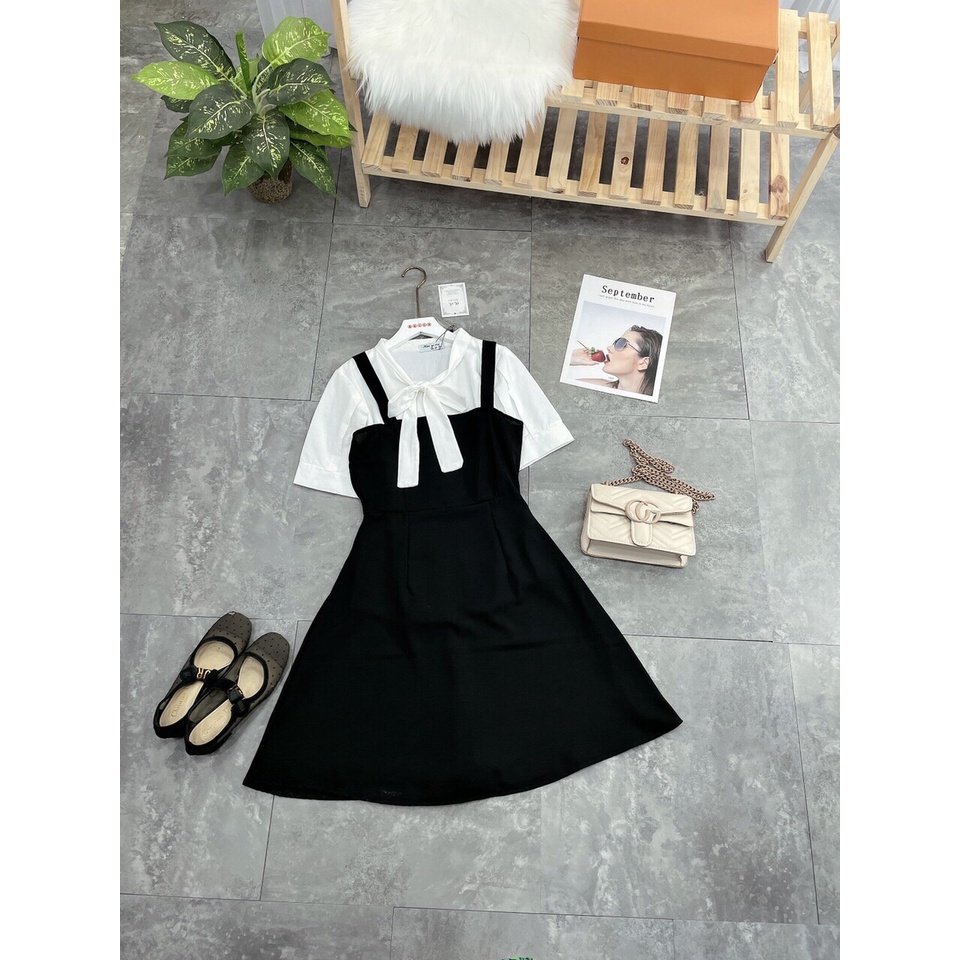 Bộ Đầm Yếm Đen Nữ + Áo Sơ Mi Nơ Ngực 🦋 Set Áo Trắng Sơ Mi Cột Nơ Mix Váy Nữ 2 Dây Cộc Tay Dáng Ngắn