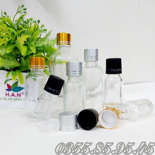 Chai thủy tinh TRONG nắp XI VÀNG / XI BẠC / VẶN ĐEN 5ml 10ml 20ml 30ml 50ml 100ml - lọ chiết serum, tinh dầu, mỹ phẩm