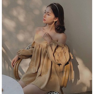 Áo Bẹt Vai Phối Nơ Tay Dài ( NUDE )
