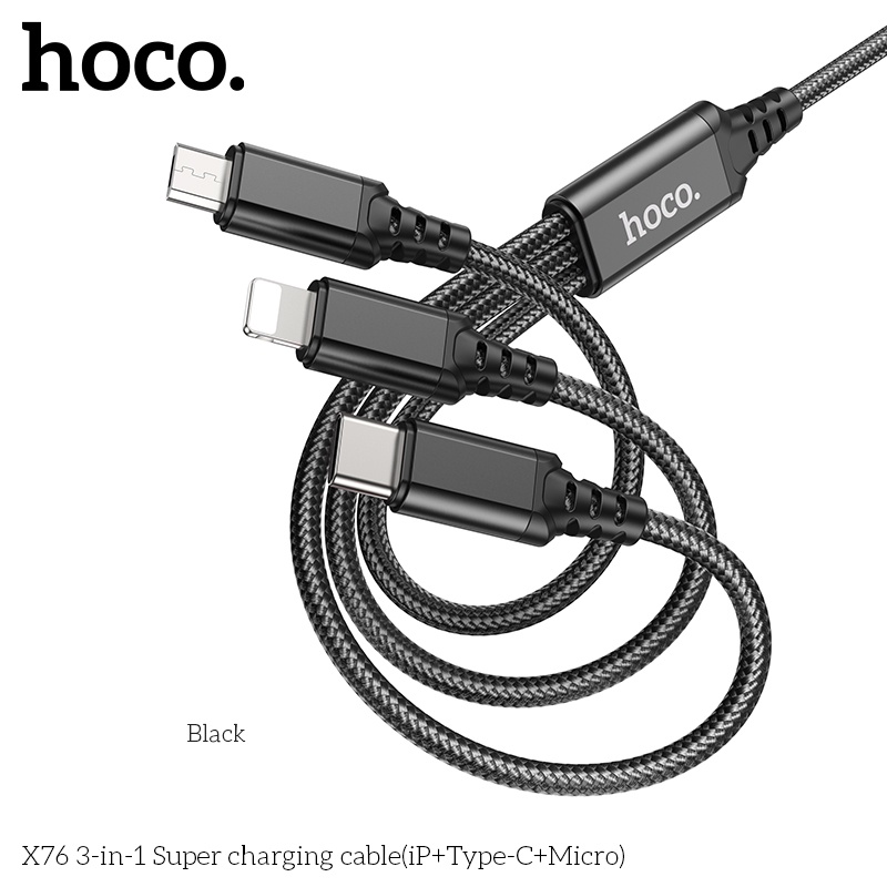 Cáp Sạc Hoco X76 3-in-1 Super Charging Cable iP+Type-C+Micro 1M , 2A, Lõi Đồng Cao Cấp, Dệt Nylon, Hỗ Trợ Truyền Dữ Liệu
