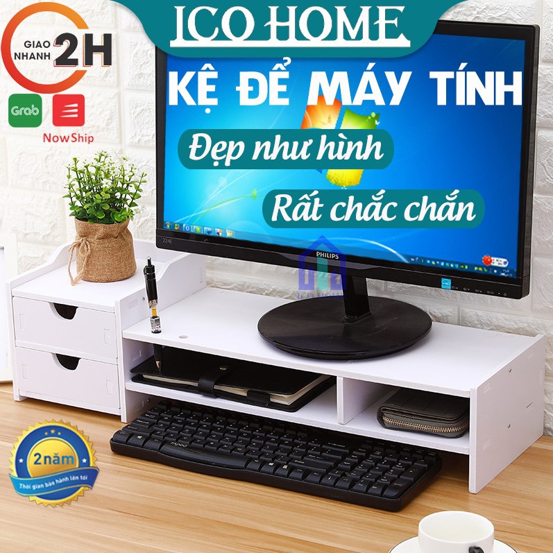 Kệ để màn hình máy tính, laptop màu trắng có 2 ngăn kéo, khay đựng tài liệu - ICO HOME