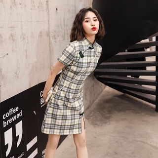 Đầm Sườn Xám Ngắn Kẻ Sọc Kiểu Retro Thời Trang Mùa Hè Cho Nữ