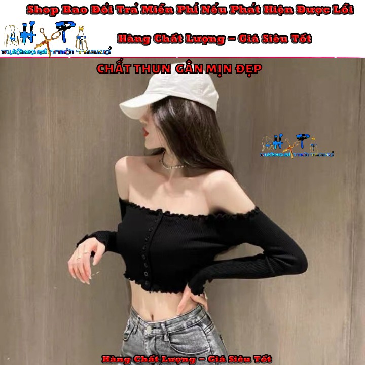 Áo croptop bẹt vai thun gân tay dài đính cúc hót trend thời trang 2020