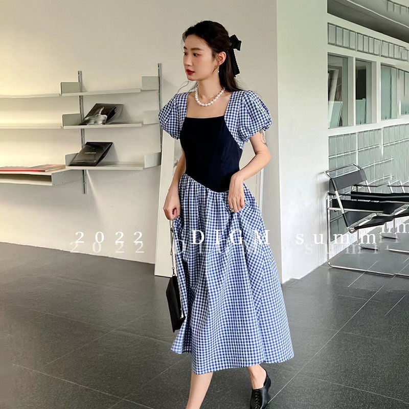 Đầm Chữ A Tay Phồng Họa Tiết Kẻ Sọc Phong Cách retro Thời Trang Hàn Quốc Cho Nữ