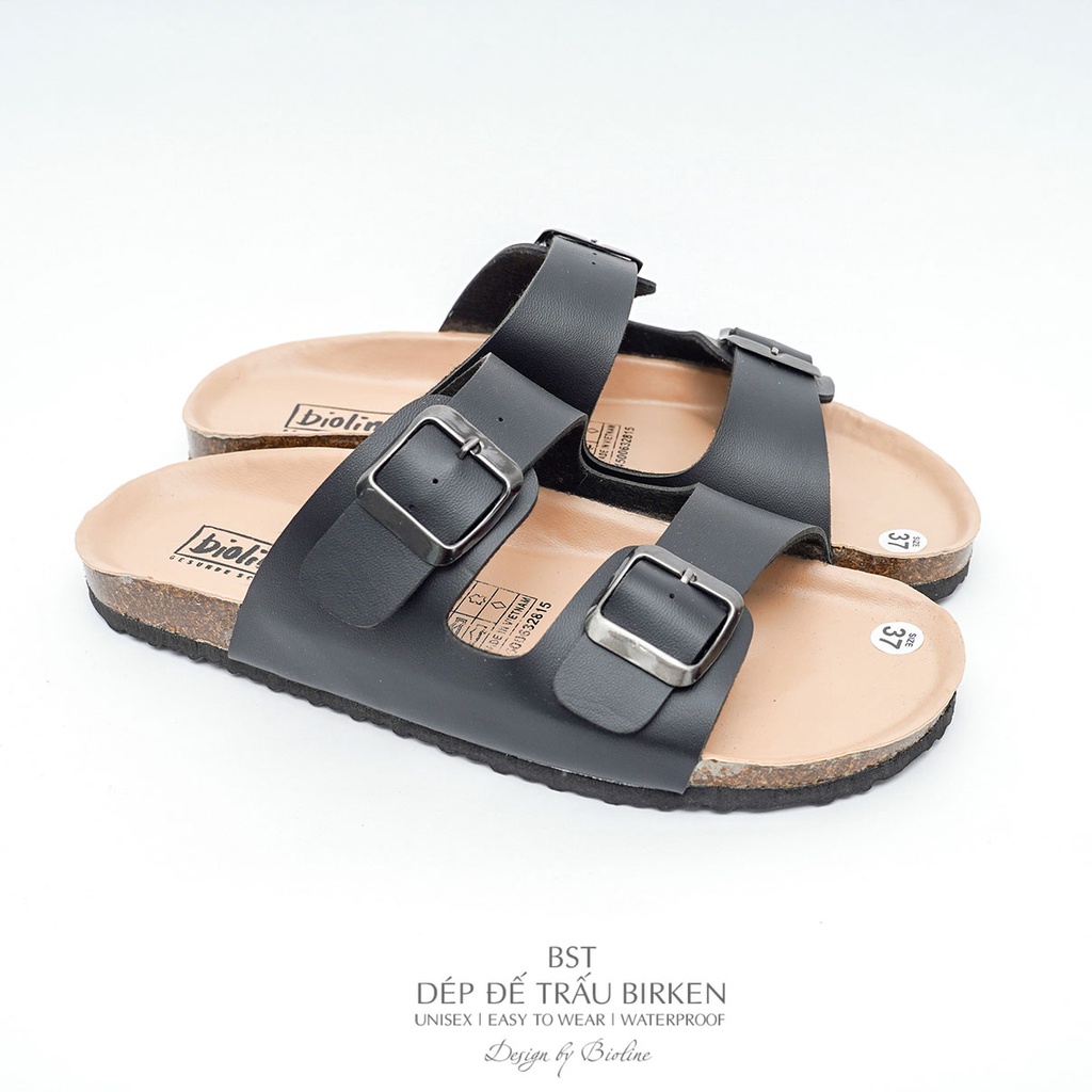 PK01-LÓT CHỐNG NƯỚC - Dép đế trấu Birken nam nữ Unisex, quai ngang, da PU cao cấp, dép công sở chính hãng Bioline