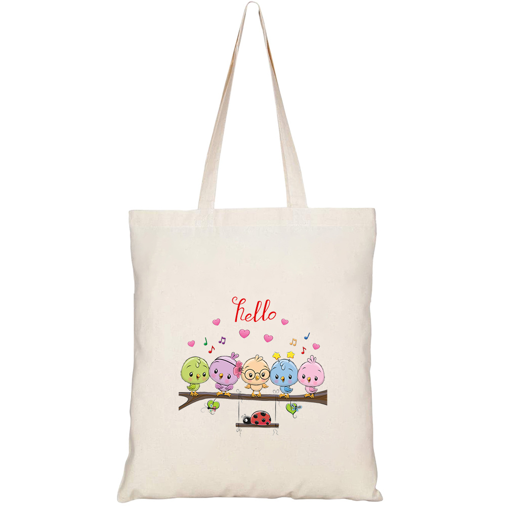 Túi vải tote canvas HTFashion in hình five cute cartoon birds ladybug HT472