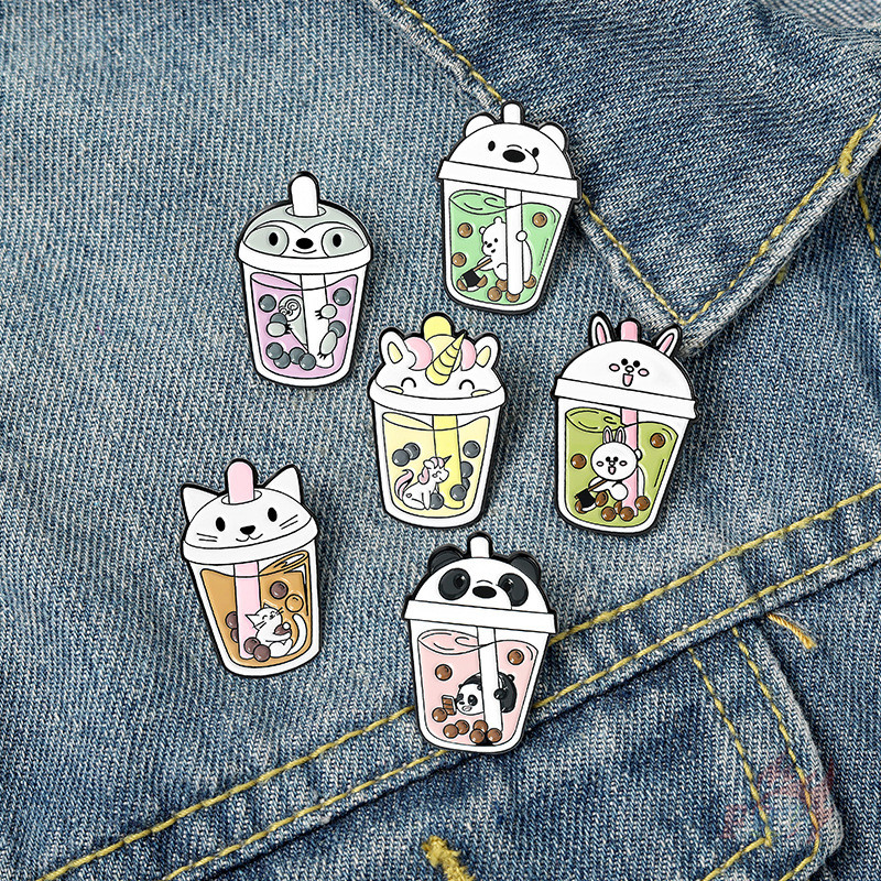 Ghim cài áo hình ly trà sữa trân châu hoạt hình We Bare Bears đáng yêu 02