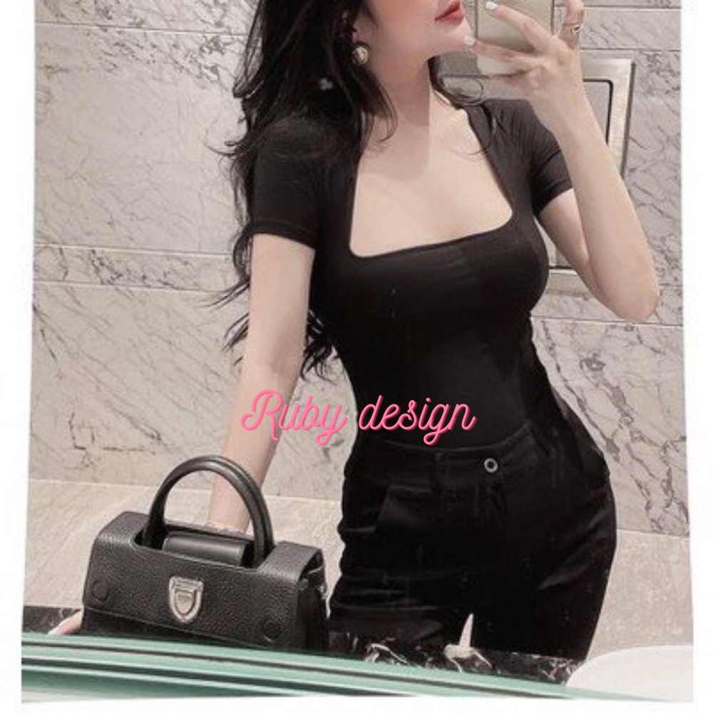 Áo thun nữ kiểu ngắn tay cổ vuông chất bozip co giãn, cổ U phom ôm nhiều màu - Ruby design