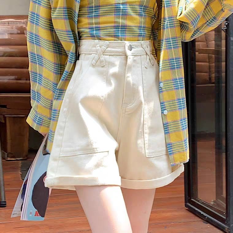 Quần Short denim Lưng Cao Ống Rộng Phong Cách Hàn Quốc Dành Cho Nữ