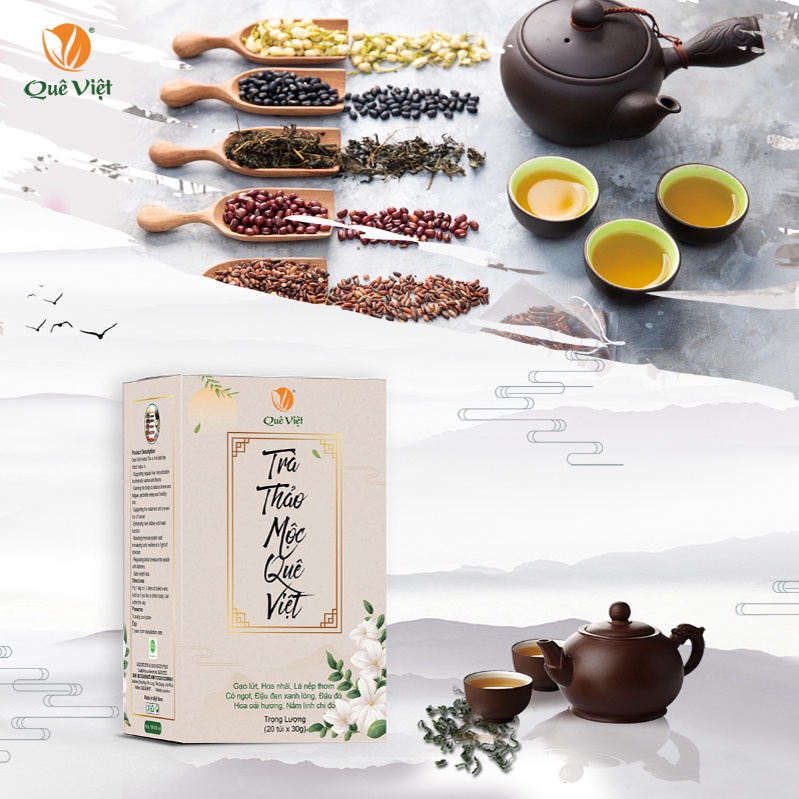 Trà thảo mộc Quê Việt Trà gạo lứt Hộp 600g 20 gói nguyên liệu hữu cơ, ngủ ngon, mát gan