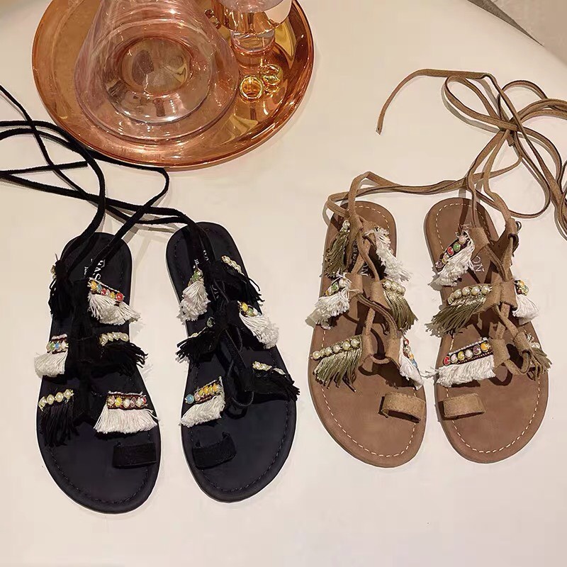SẴN NÂU 37, ĐEN 36 Giày sandal cột dây chiến binh thổ cẩm Hàng Quảng Châu - Boho Vintage Style