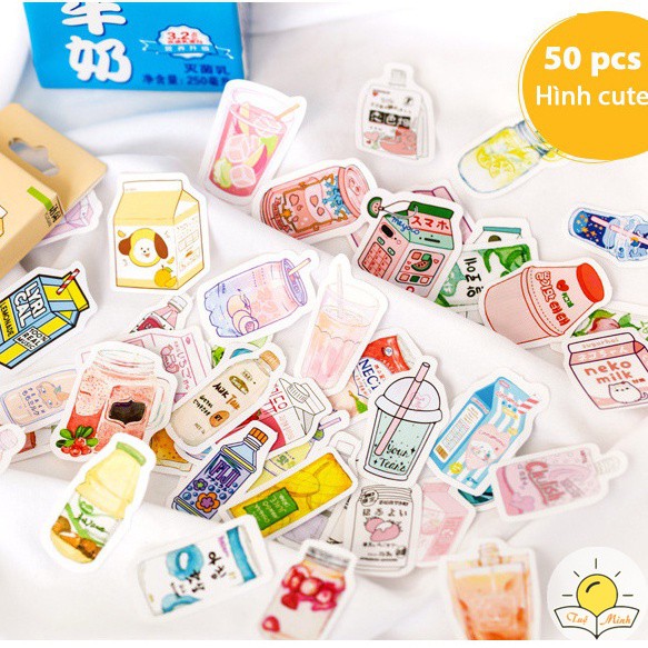 Hộp 50 chiếc sticker các chủ đề đồ ăn thức uống mùa hè đi biển nhiều màu trang trí sổ bullet journal, decor thư thiệp