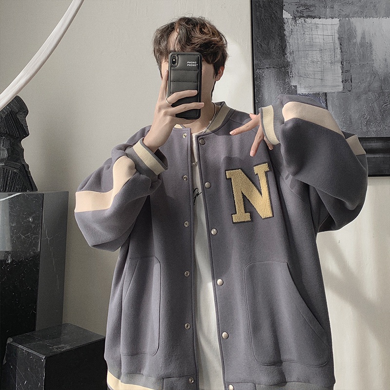 Áo khoác bóng chày nam da nữ sắc thời trang cho trang màu áo dài tay Hàn Quốc simple retro ifashion jacket unisex túi new tops for men