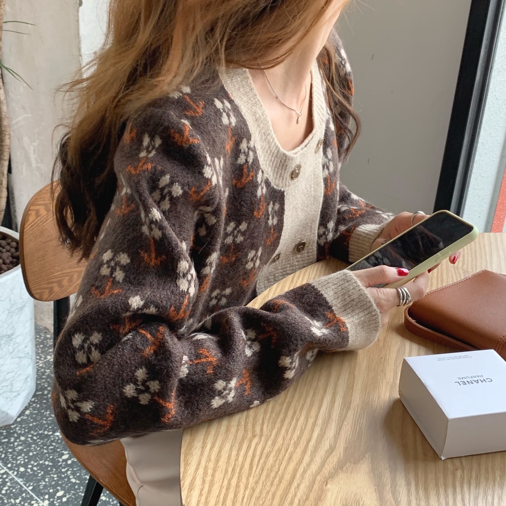 Áo cardigan len họa tiết boho hoa nhí