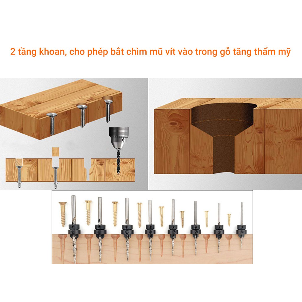 Bộ 4 mũi khoan 2 tầng chỉnh cữ 2.38-3.56 mm thép gió chuôi lục