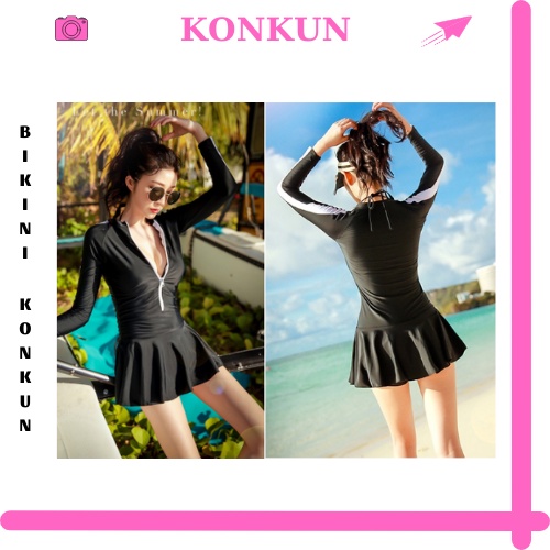 Bikini 1 mảnh liền thân khóa kéo tay dài phối viền trắng KONKUN MS15-ĐEN