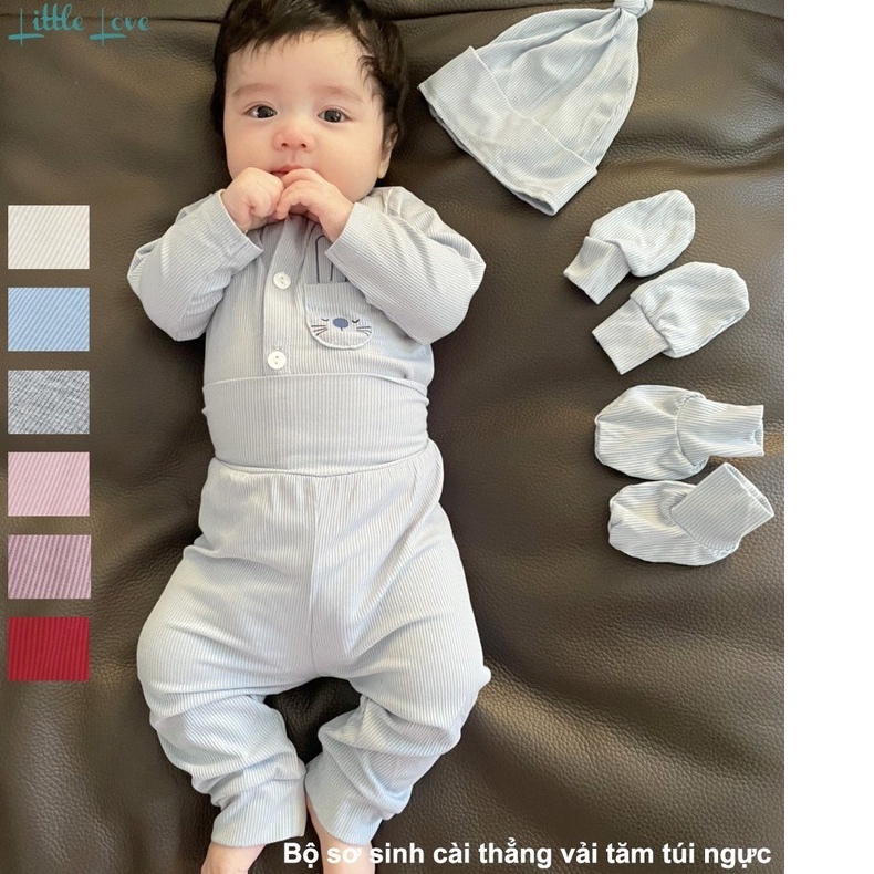 Bộ quần áo dài tay cài thẳng vải tăm túi ngực cho trẻ 0-6m little love