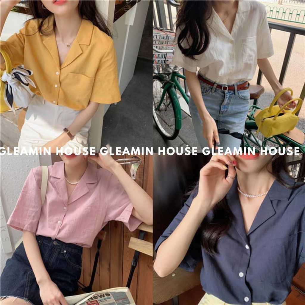 ( Ảnh thật/sẵn ) Áo sơ mi nữ cổ V , Áo smi cộc tay đũi nhật mát mịn không nhăn 4 màu