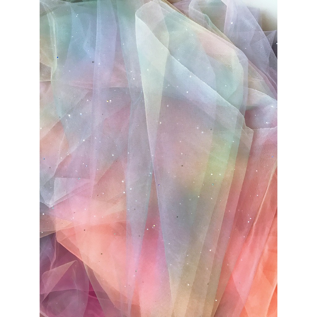Vải lưới cầu vồng ombre 7 màu có gắn kim tuyến lấp lánh khổ 1m5