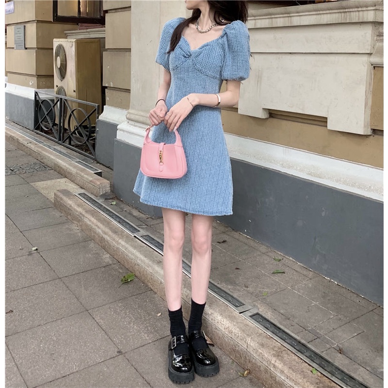 Đầm denim tay phồng cổ chữ v thời trang xinh xắn cho nữ