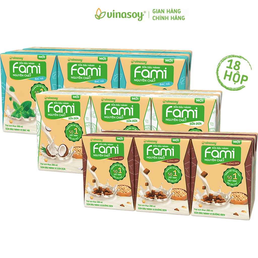 Combo 3 lốc sữa đậu nành Fami Nguyên Chất vị Bạc hà, vị Đường đen và vị Sữa dừa (18 hộp x 200ml)