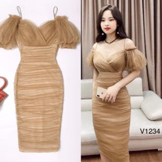 đầm body lưới nude rớt vai