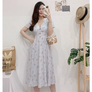 Đầm hoa nhí cổ V nút bọc gỗ có dây thắt eo
