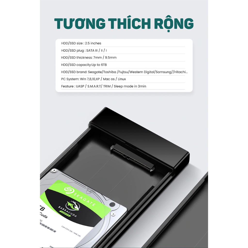 Hộp đựng ổ cứng 2.5 inch SSD, HDD hỗ trợ 6TB,chuẩn SATA UGREEN US221 vỏ nhựa ABS - Hàng phân phối chính hãng