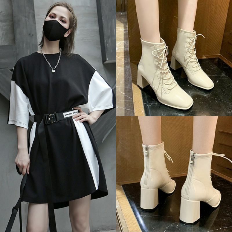 Giày boot cổ ngắn da bóng cột dây màu kem GBBD-05K