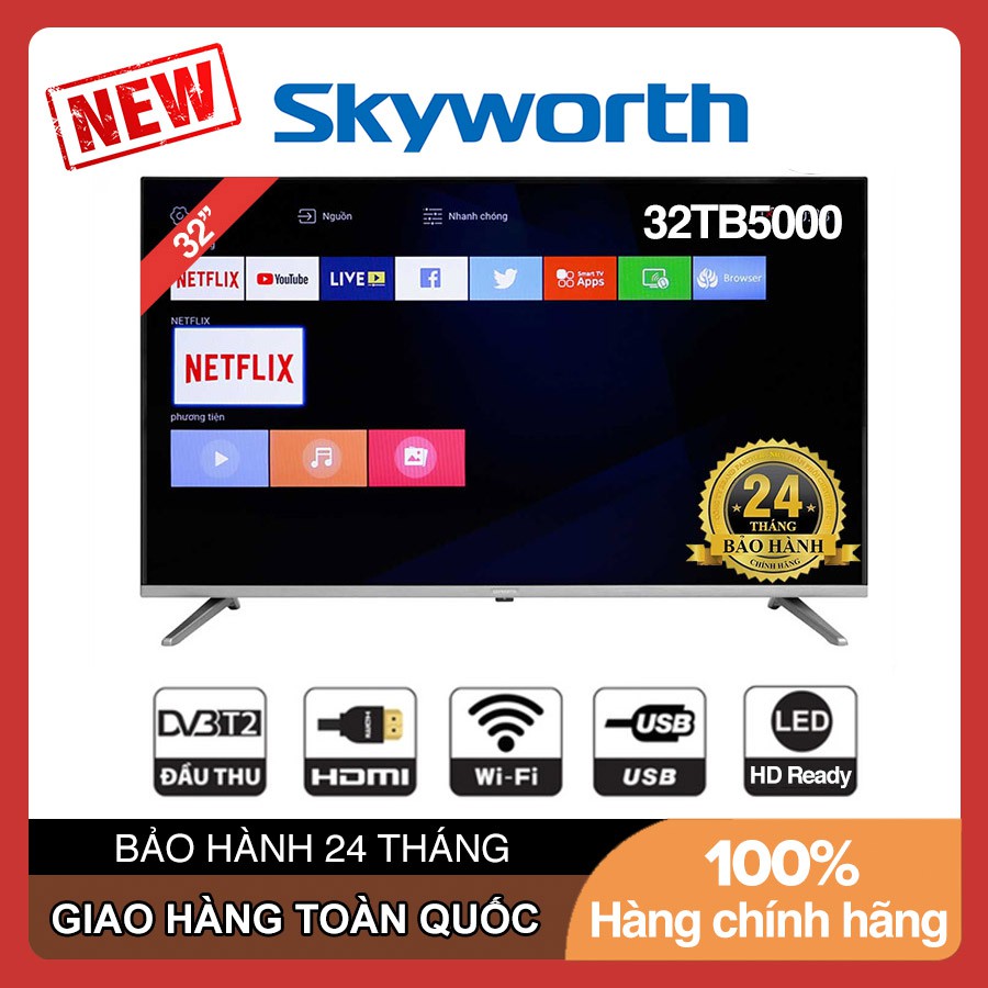 Smart Tivi Skyworth 32 inch HD - Model 32TB5000 (Đen) HD Ready, DVB-T2, Wifi, Tivi Giá Rẻ - Bảo Hành 2 Năm
