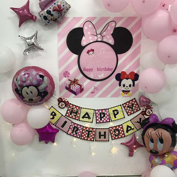 Set trang trí sinh nhật cho bé gái chủ đề chuột hồng siêu cute đáng yêu tone hồng S01