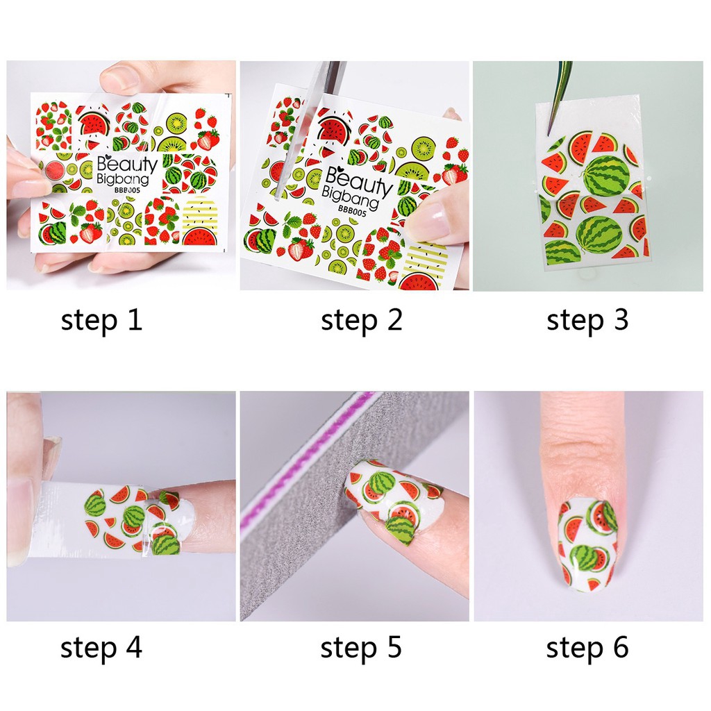 [Hàng mới về] Set 5 tờ nhãn dán họa tiết trái cây màu sắc phụ kiện trang trí móng tiện dụng